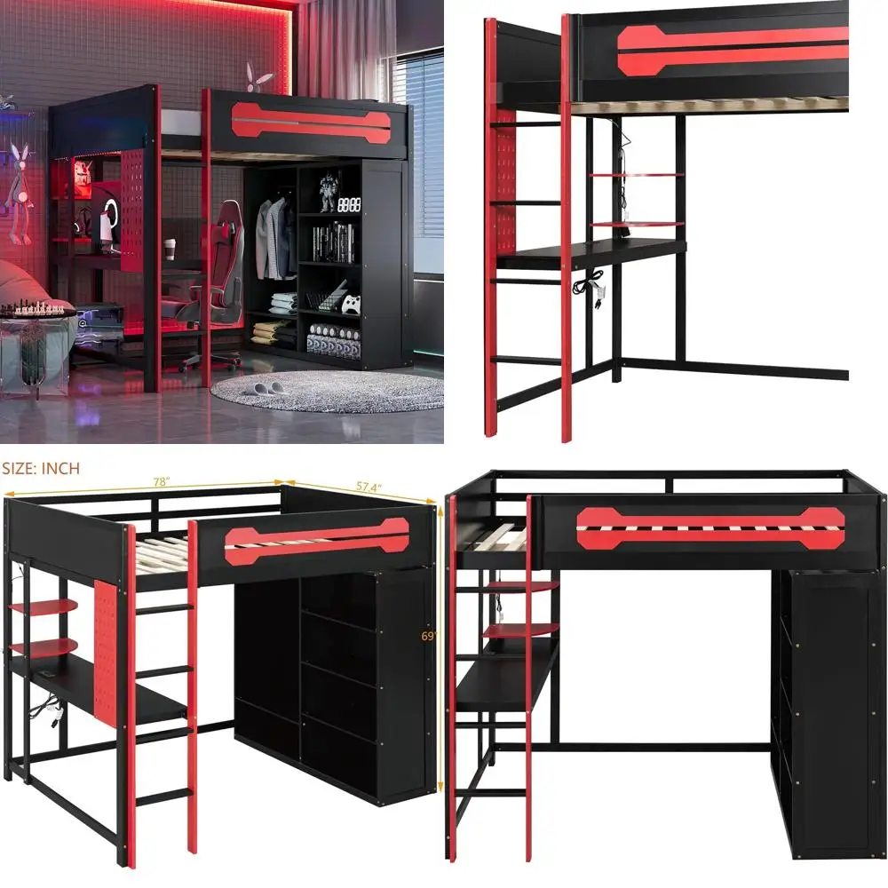 Red Gaming Loft Bed with Desk, Wardrobe, Charging Station, and RGB Lighting, Wooden Storage Shelves, Pegboard, Guardrails, Ladde
Red Gaming Loft Bed with Desk, Wardrobe, Charging Station, and RGB Lighting, Wooden Storage Shelves, Pegboard, Guardrails, Ladde