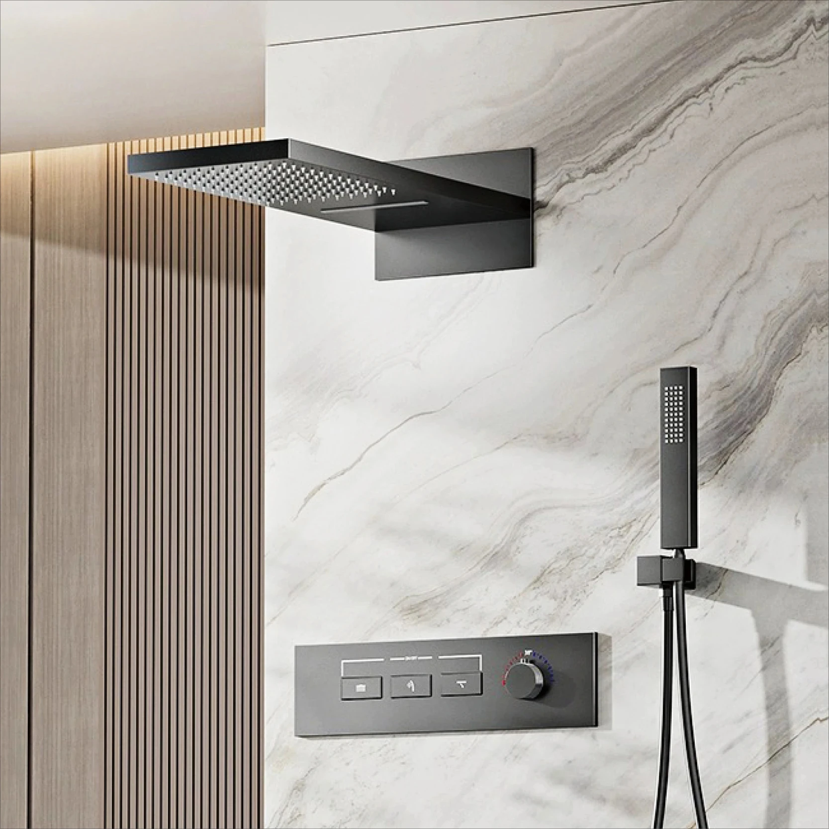 Black luxury brass constant temperature shower system Wall mounted design Dual control of Cold & Hot 3-function bathroom faucet
Black luxury brass constant temperature shower system Wall mounted design Dual control of Cold & Hot 3-function bathroom faucet