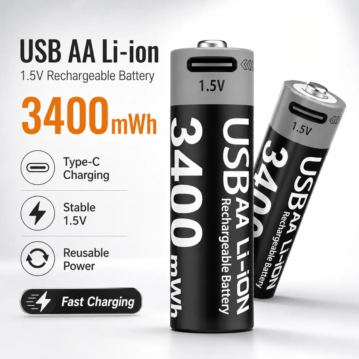 High Capacity 3400mAh AA Rechargeable Li-ion Battery 1.5V USB-C Power Battery for Remote Hunting Device
High Capacity 3400mAh AA Rechargeable Li-ion Battery 1.5V USB-C Power Battery for Remote Hunting Device
