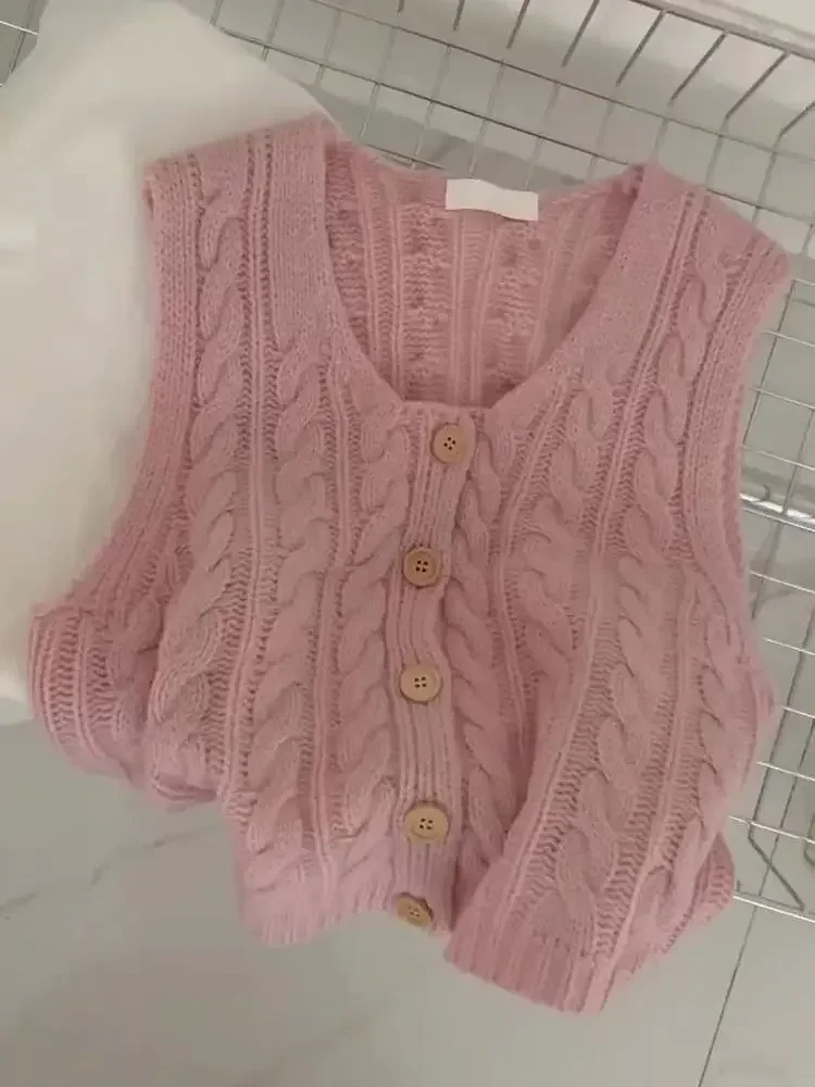 Early Spring Pink Twist Knitted Cardigan Vest Female Korean Style Sweater Vest Women Casaul Chic Elegant Short Knitted Top 2024
Early Spring Pink Twist Knitted Cardigan Vest Female Korean Style Sweater Vest Women Casaul Chic Elegant Short Knitted Top 2024