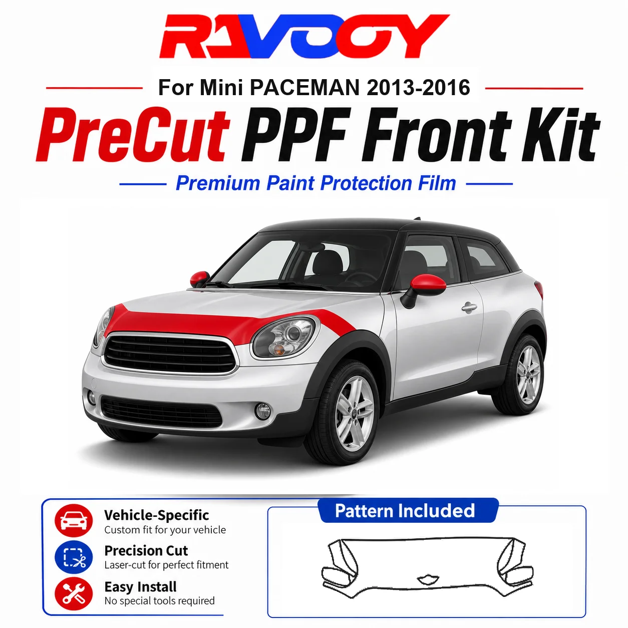 8.5mil TPU Precut PPF Kit For MINI PACEMAN 2013-2016 - Hood, Fenders & Mirror Set - Self-Healing Clear Bra Film
8.5mil TPU Precut PPF Kit For MINI PACEMAN 2013-2016 - Hood, Fenders & Mirror Set - Self-Healing Clear Bra Film