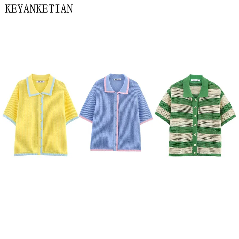 KEYANKETIAN 2025 New Women's Contrast Piping Single Breasted Turn Down Collar Short Sleeve Knit Cardigans Leisure style Top
KEYANKETIAN 2025 New Women's Contrast Piping Single Breasted Turn Down Collar Short Sleeve Knit Cardigans Leisure style Top