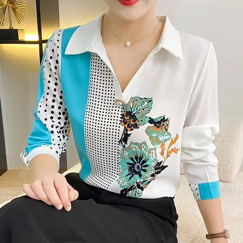 Women's Clothing Fashion Vintage Printed Spliced Long Sleeve Shirt Autumn Korean Casual Polo-Neck Beading Blouse for Female
Women's Clothing Fashion Vintage Printed Spliced Long Sleeve Shirt Autumn Korean Casual Polo-Neck Beading Blouse for Female