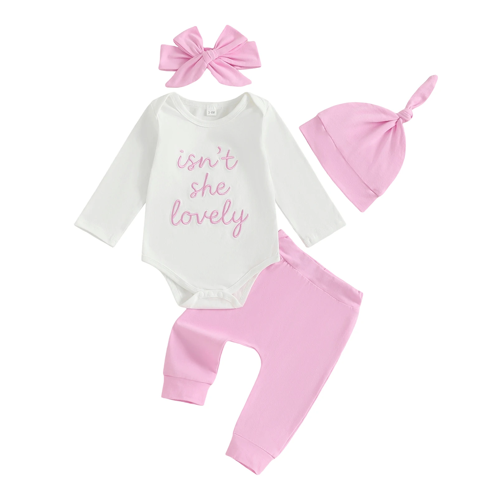 Baby Girls 4 Piece Outfit Long Sleeve O Neck Letter Embroidery Jumpsuit Bow Headband Elastic Waist Pants and Hat Set
Baby Girls 4 Piece Outfit Long Sleeve O Neck Letter Embroidery Jumpsuit Bow Headband Elastic Waist Pants and Hat Set