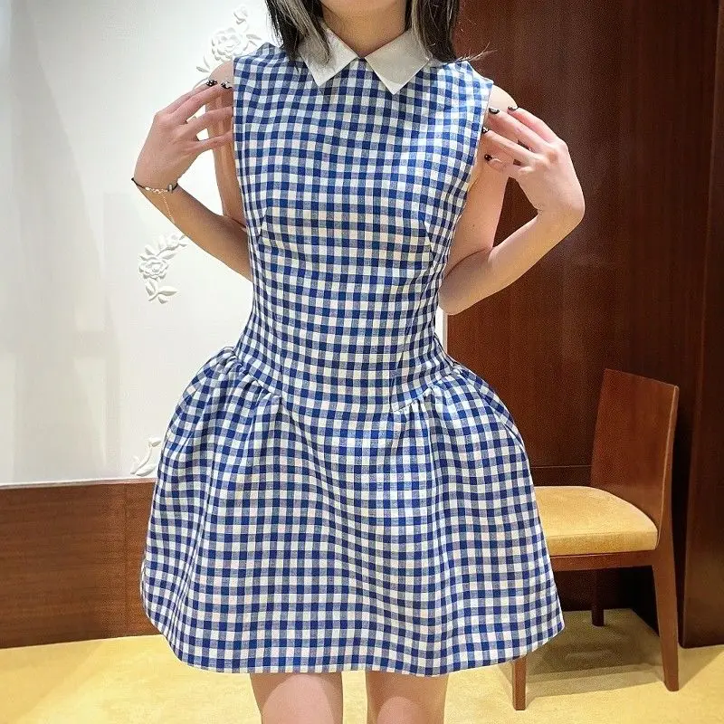 Korean Style Blue White Checkered Sundress Casual Smocked Waist Flowy Bubble Hem Dress Women's Beach Vacation A-Line Mini Dress
Korean Style Blue White Checkered Sundress Casual Smocked Waist Flowy Bubble Hem Dress Women's Beach Vacation A-Line Mini Dress