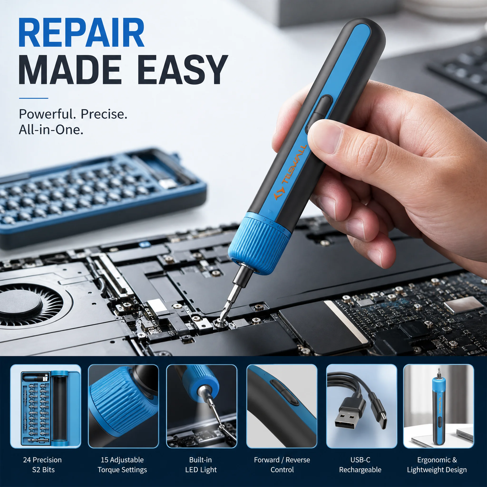 10N.m Electric Screwdriver 2200mAh USB-C Cordless Power Screwdriver With 4-Speed Torque Control, 260RPM LED Light 25pcs S2 Steel Bits Hand Tool Kit For Home DIY Furniture Assembly Repair
10N.m Electric Screwdriver 2200mAh USB-C Cordless Power Screwdriver With 4-Speed Torque Control, 260RPM LED Light 25pcs S2 Steel Bits Hand Tool Kit For Home DIY Furniture Assembly Repair