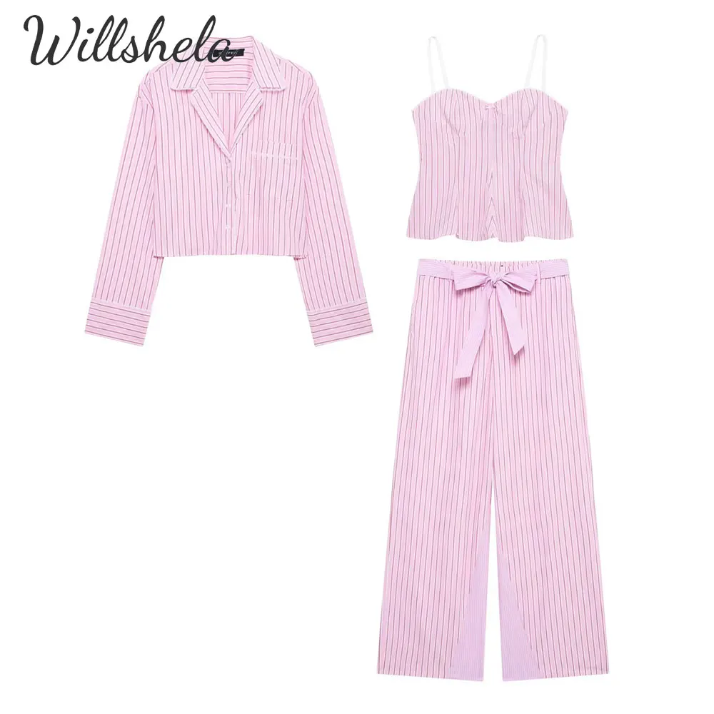 Willshela Women Fashion 3 Pieces Sets Pink Striped Satin Cropped Shirt Straight Pant and Camisole Mujer Chic Casual Coordinates
Willshela Women Fashion 3 Pieces Sets Pink Striped Satin Cropped Shirt Straight Pant and Camisole Mujer Chic Casual Coordinates