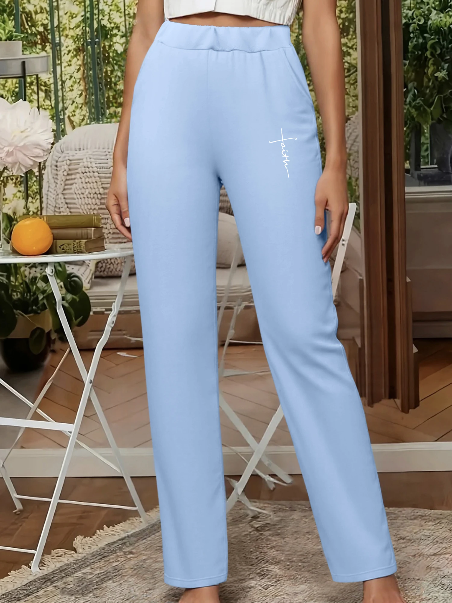Minimalist Faith Cross Print Pants, High Waist Straight Leg Trousers, Casual Elastic Waist Daily Bottoms
Minimalist Faith Cross Print Pants, High Waist Straight Leg Trousers, Casual Elastic Waist Daily Bottoms