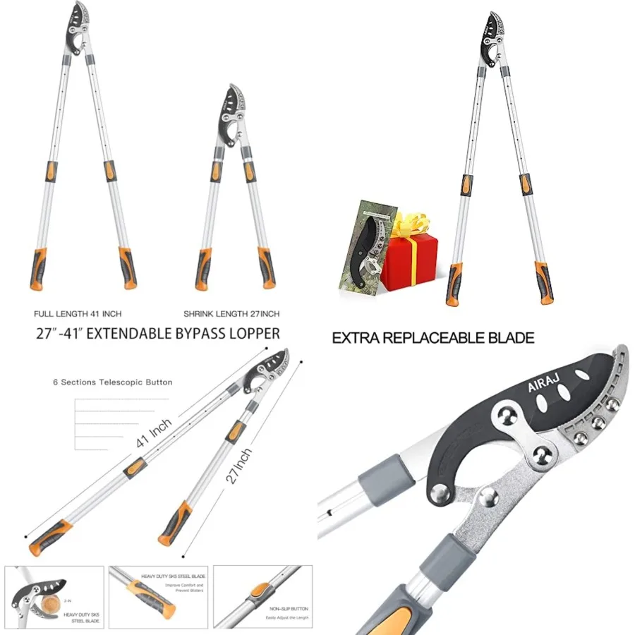 Telescoping Anvil Loppers, Heavy Duty Branch Cutter Tree Trimmer with SK5 Steel Spare Blade, 27-41''Adjustable Aluminum Handle,
Telescoping Anvil Loppers, Heavy Duty Branch Cutter Tree Trimmer with SK5 Steel Spare Blade, 27-41''Adjustable Aluminum Handle,