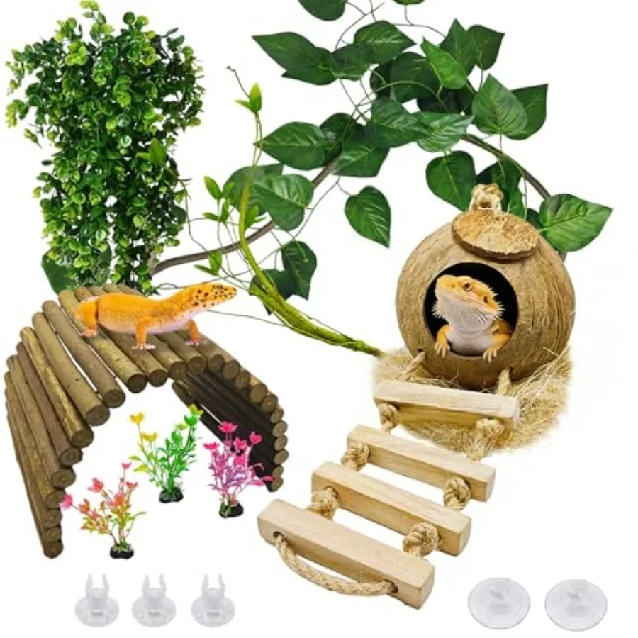 Leopard Gecko Tank Accessories, Reptile Hanging Plants and Vines Coconut Shell Hut with Ladder Habitat Decor for Climbing Beard
Leopard Gecko Tank Accessories, Reptile Hanging Plants and Vines Coconut Shell Hut with Ladder Habitat Decor for Climbing Beard