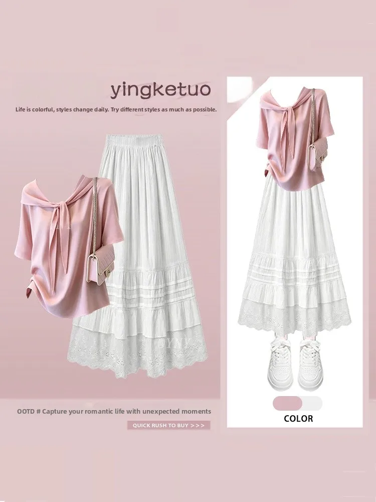 Pink Short Sleeve T-Shirt And Lace Half-length Skirt Set Women's Fashionable Summer Outfit Gentle Style High-waist Long Skirt
Pink Short Sleeve T-Shirt And Lace Half-length Skirt Set Women's Fashionable Summer Outfit Gentle Style High-waist Long Skirt