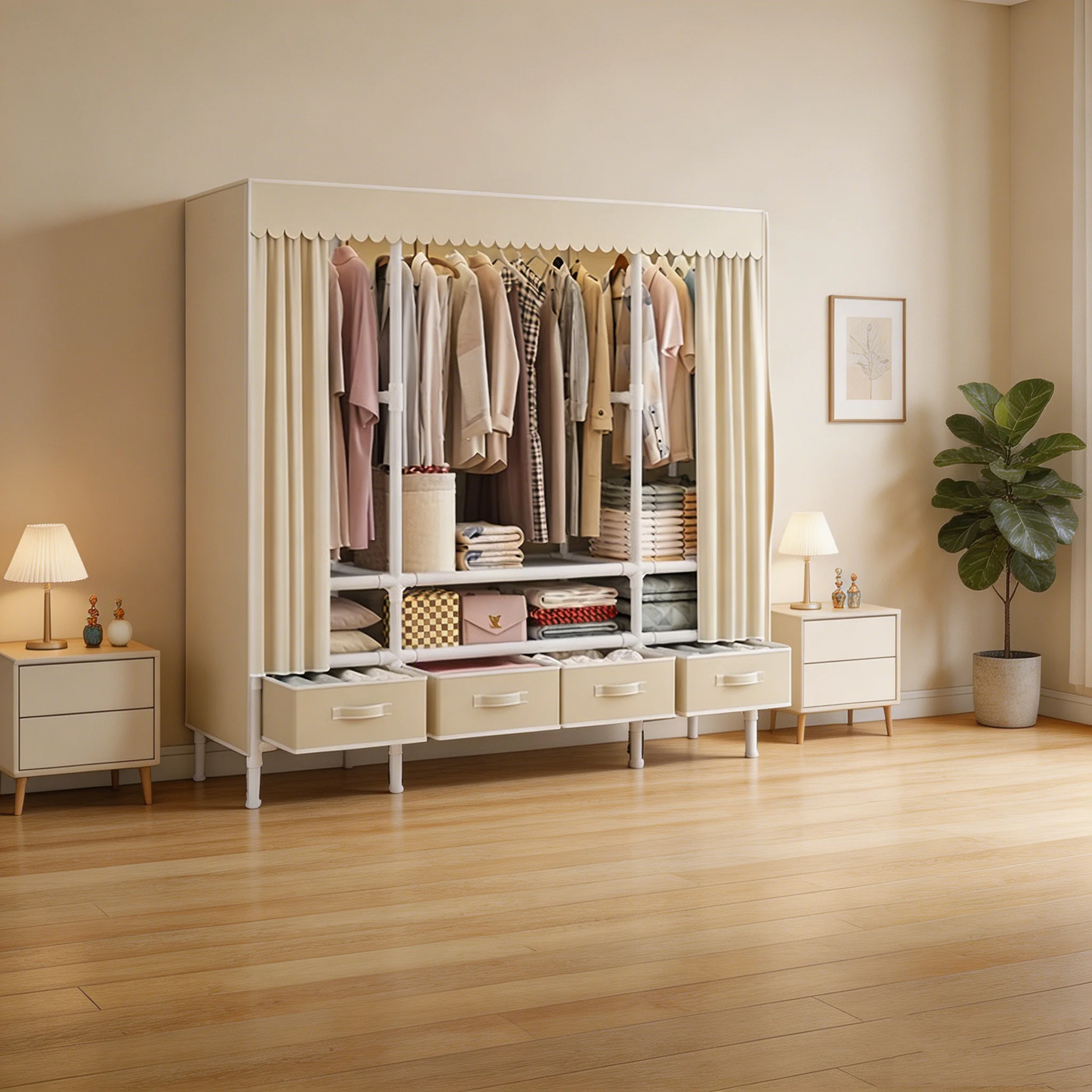 Portable Wardrobe, 55-inch Sliding Curtain Closet with Hanger Rack. Equipped with 3 Hanging Rods & 4 Storage Drawers, Easy to Assemble. Dimensions: 55.12" x 17.7" x 66.93", Off White
Portable Wardrobe, 55-inch Sliding Curtain Closet with Hanger Rack. Equipped with 3 Hanging Rods & 4 Storage Drawers, Easy to Assemble. Dimensions: 55.12" x 17.7" x 66.93", Off White