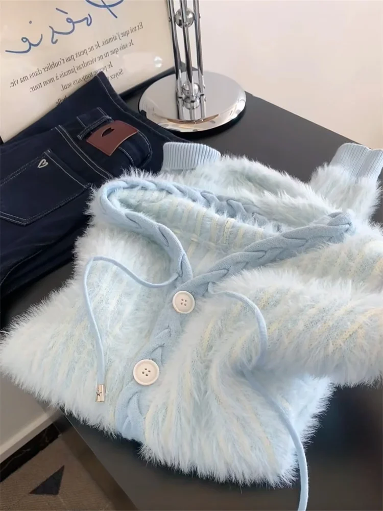 Soft Cozy Blue Hooded Open Cardigan Women's Knitted Outerwear Comfortable Drawstring Comfort Stay Home Style Korean Loose Fit
Soft Cozy Blue Hooded Open Cardigan Women's Knitted Outerwear Comfortable Drawstring Comfort Stay Home Style Korean Loose Fit