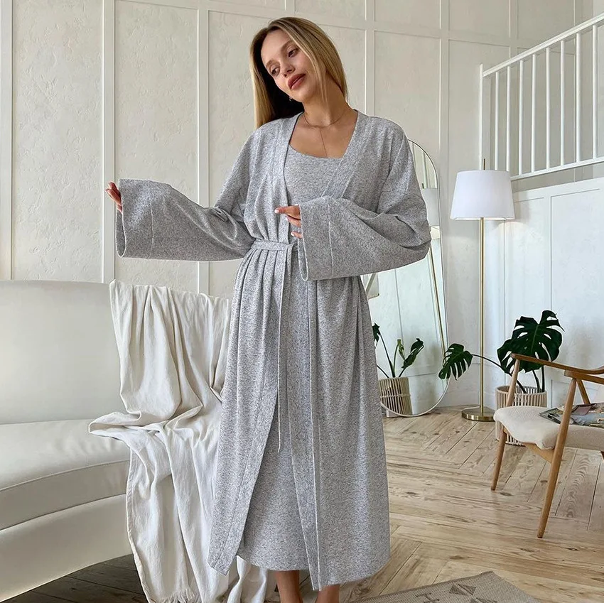 Spring New Striped Gray Personality Sling Nightdress Long-sleeved Robe 2PCS Sets For Women's Sleepwear 2PCS Home Clothes
Spring New Striped Gray Personality Sling Nightdress Long-sleeved Robe 2PCS Sets For Women's Sleepwear 2PCS Home Clothes