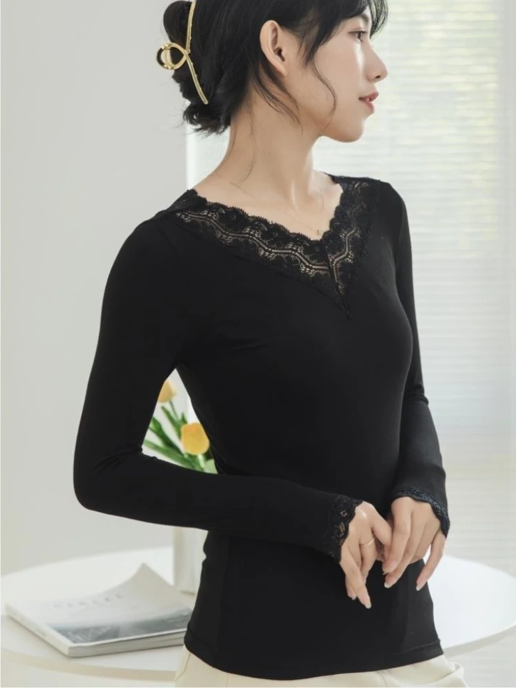 Элегантная футболка с v-образным вырезом, осень-зима, тонкая кружевная отделка, модальная женская облегающая рубашка с длинными рукавами, внутренняя и верхняя одежда, базовая рубашка
Элегантная футболка с v-образным вырезом, осень-зима, тонкая кружевная отделка, модальная женская облегающая рубашка с длинными рукавами, внутренняя и верхняя одежда, базовая рубашка