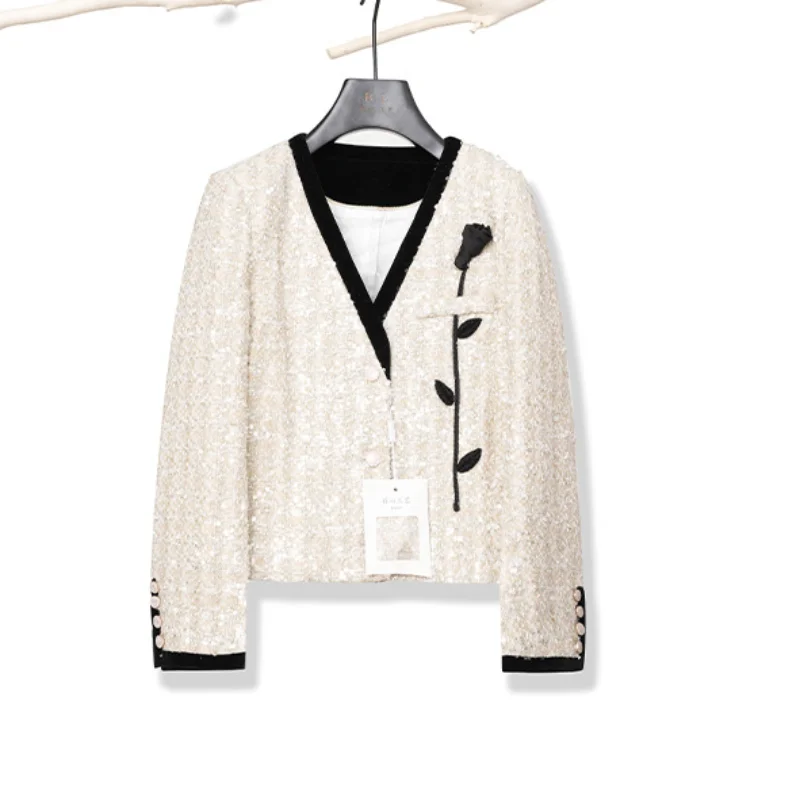 High Quality V-neck Small Fragrance Coat Women Fashion Sequins Elegant Loose Color Matching Sweet Design French Tweed Lady Coat
High Quality V-neck Small Fragrance Coat Women Fashion Sequins Elegant Loose Color Matching Sweet Design French Tweed Lady Coat