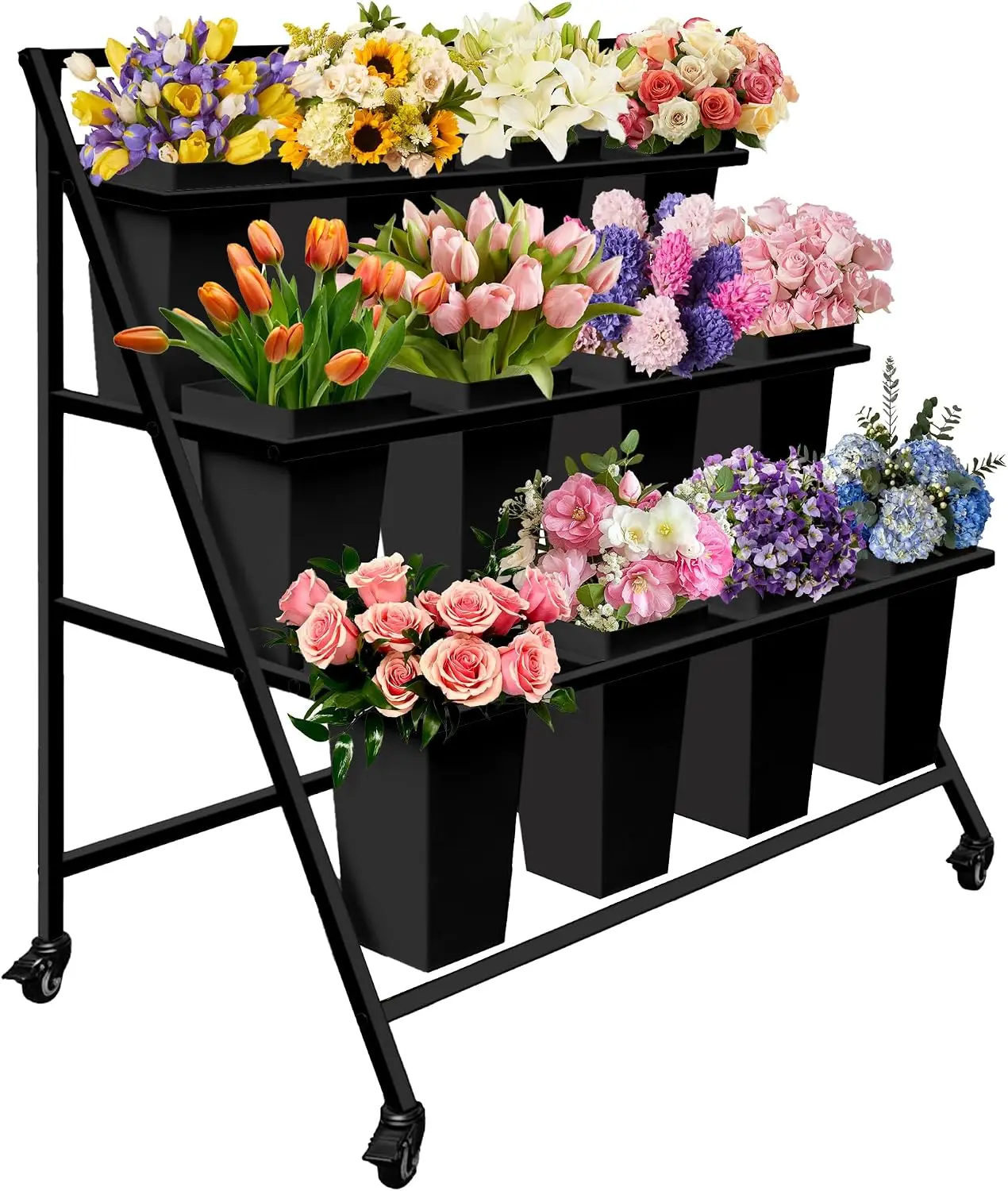 Three Layer Metal Flower Display Stand With Wheels, Moving Florist Bouquet Cart Display Rack, Triangular Flower Pot Container Shelving With Twelve Buckets For Garden Patio Shop, Classic Black
Three Layer Metal Flower Display Stand With Wheels, Moving Florist Bouquet Cart Display Rack, Triangular Flower Pot Container Shelving With Twelve Buckets For Garden Patio Shop, Classic Black