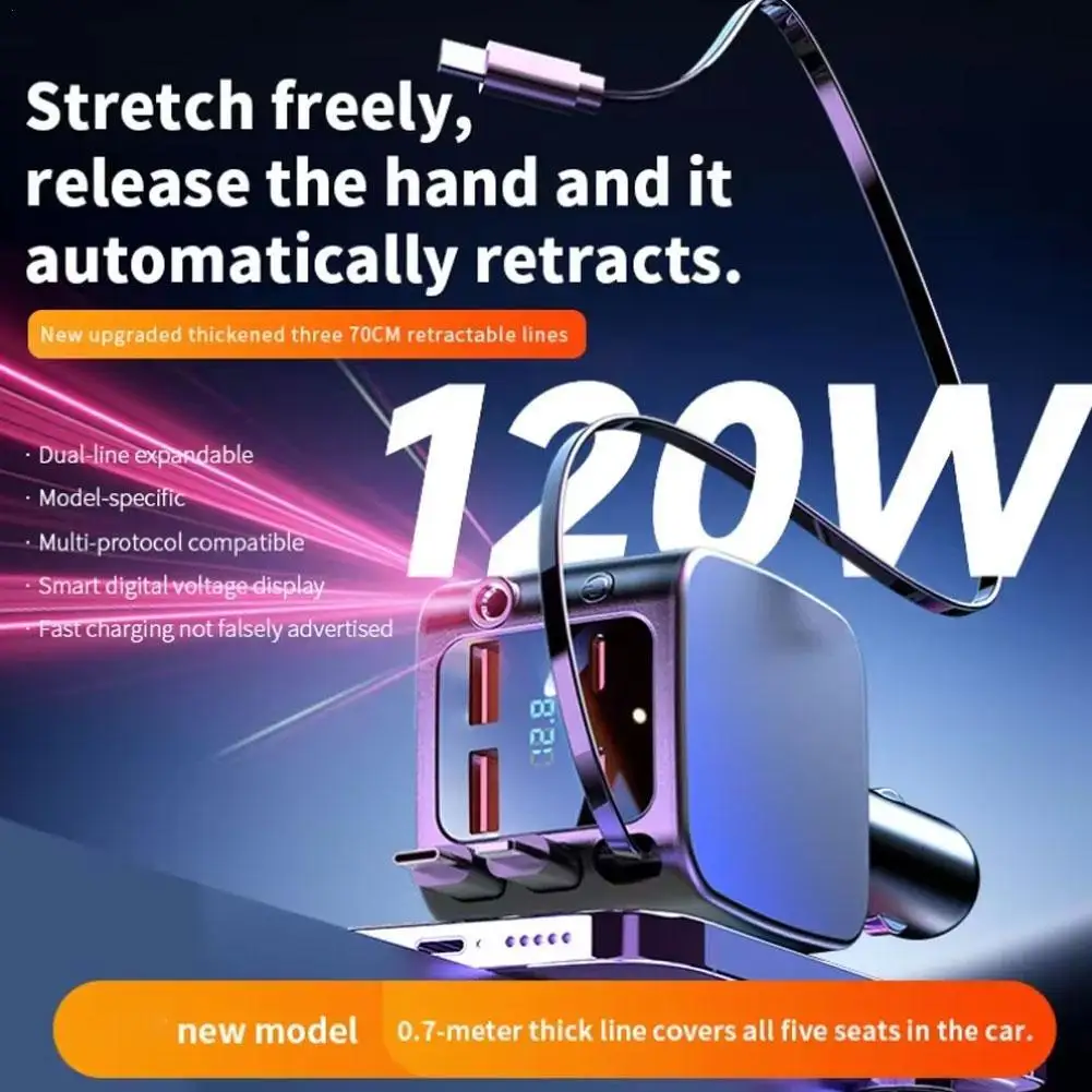 Сверхбыстрое автомобильное зарядное устройство 120 Вт — выдвижной кабель с подсветкой и индикатором напряжения для iPhone, аксессуар для автоматической зарядки
Сверхбыстрое автомобильное зарядное устройство 120 Вт — выдвижной кабель с подсветкой и индикатором напряжения для iPhone, аксессуар для автоматической зарядки