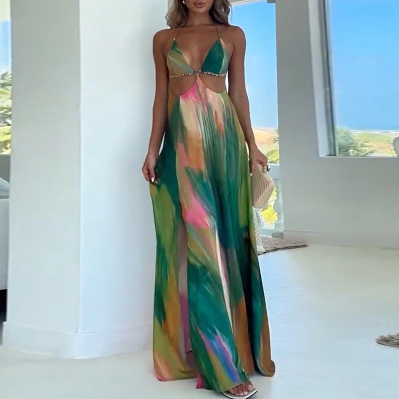 Woman 2025 Fashion Colorful Print Long Dresses Spring Sexy Halter High-waisted Party Dress Summer Backless Tie-up Bohemian Dress 
Woman 2025 Fashion Colorful Print Long Dresses Spring Sexy Halter High-waisted Party Dress Summer Backless Tie-up Bohemian Dress