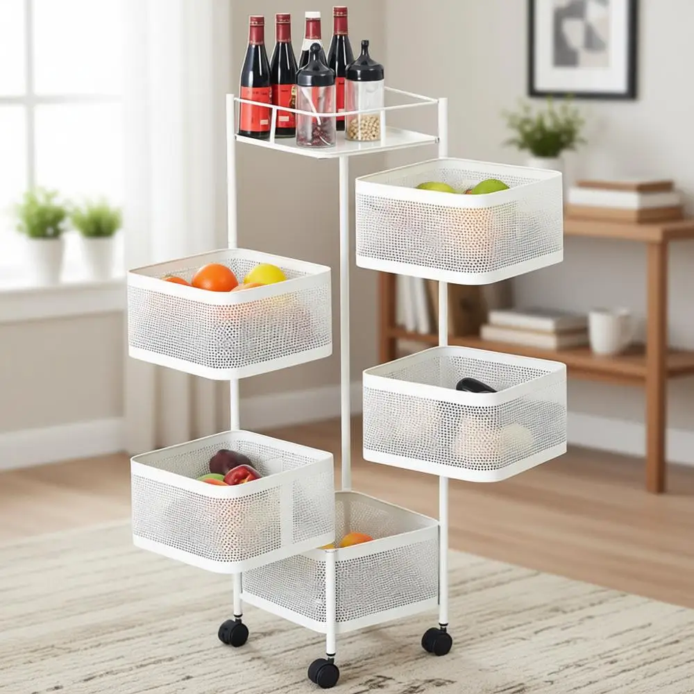 5-Tier Rotating Kitchen Storage Cart, Fruit & Vegetable Basket, Rolling Snack Rack, Metal Cart with Wheels, White
5-Tier Rotating Kitchen Storage Cart, Fruit & Vegetable Basket, Rolling Snack Rack, Metal Cart with Wheels, White