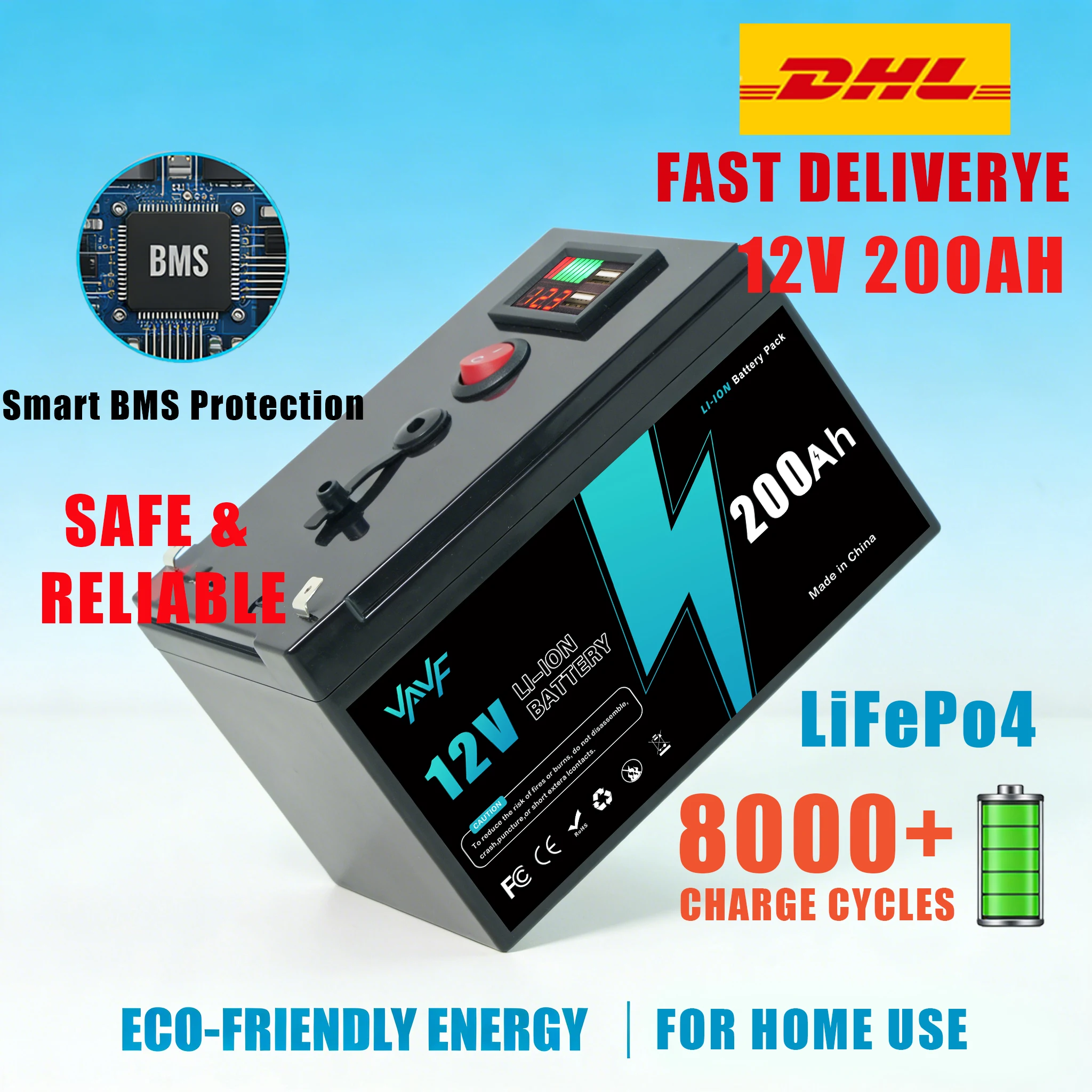 200AH12v Rechargeable Battery Lithium Iron Phosphate Battery with BMS for Reliable RVOff-Grid, Marine&Solar Applications
200AH12v Rechargeable Battery Lithium Iron Phosphate Battery with BMS for Reliable RVOff-Grid, Marine&Solar Applications