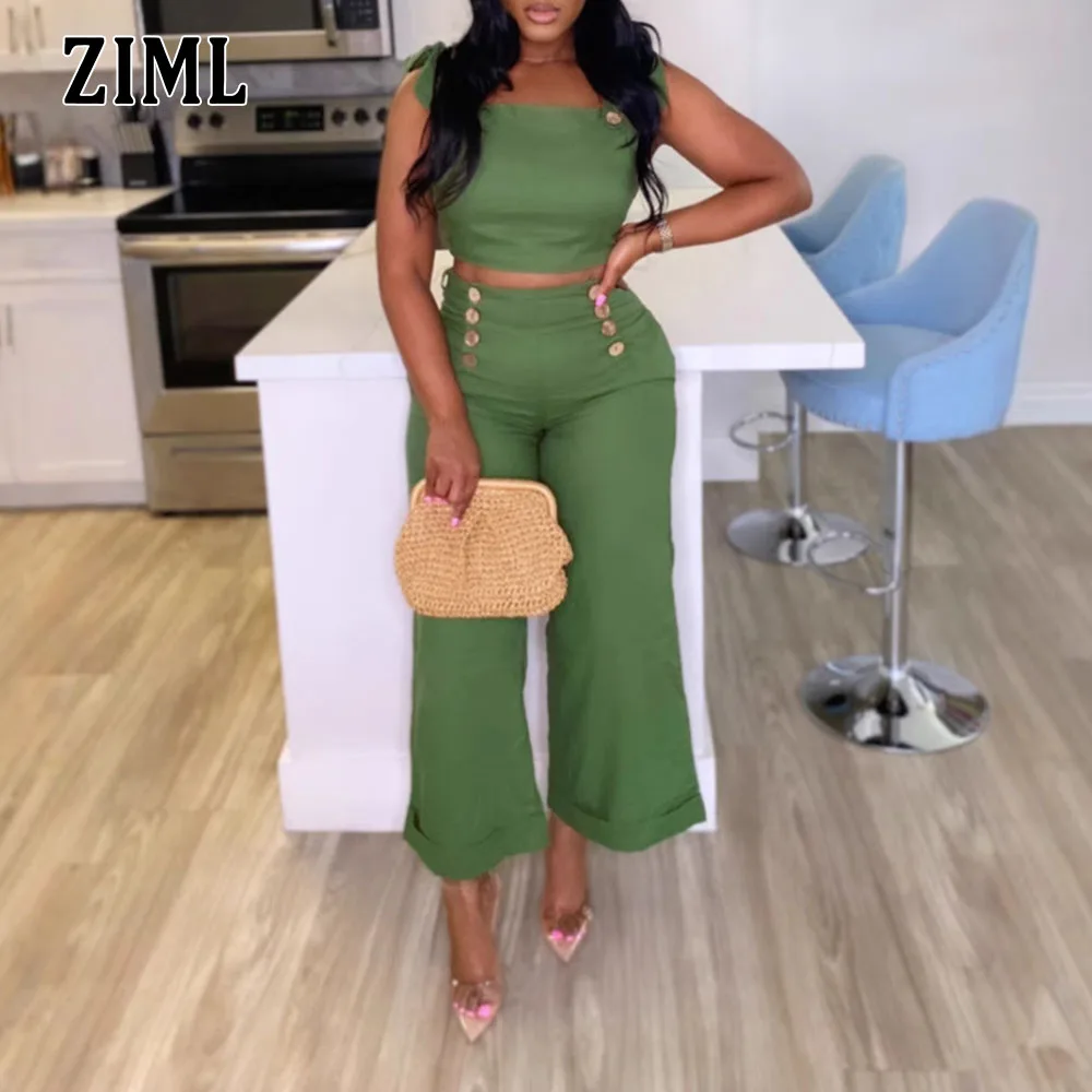 ZIML Casual Chic Two Piece Sets for Women Square Collar Short Tops High Waist Loose Long Pants Spliced Button Set Female Style 
ZIML Casual Chic Two Piece Sets for Women Square Collar Short Tops High Waist Loose Long Pants Spliced Button Set Female Style