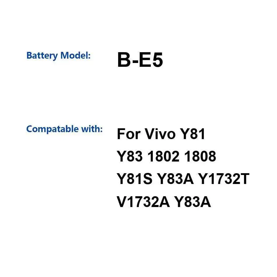 Высокая совместимость для Vivo Y81 Y83 1802 1808 Y81S Y83A Y1732T V1732A аккумулятор мобильного телефона 3260 мАч B-E5
Высокая совместимость для Vivo Y81 Y83 1802 1808 Y81S Y83A Y1732T V1732A аккумулятор мобильного телефона 3260 мАч B-E5