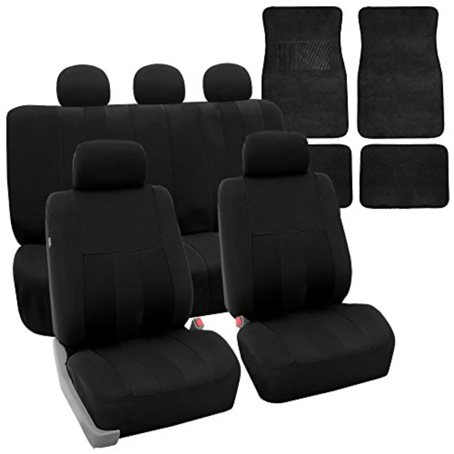 Universal-fit black striped car seat covers set with airbag and split compatibility, paired with carpet floor mats for cars, tr
Universal-fit black striped car seat covers set with airbag and split compatibility, paired with carpet floor mats for cars, tr