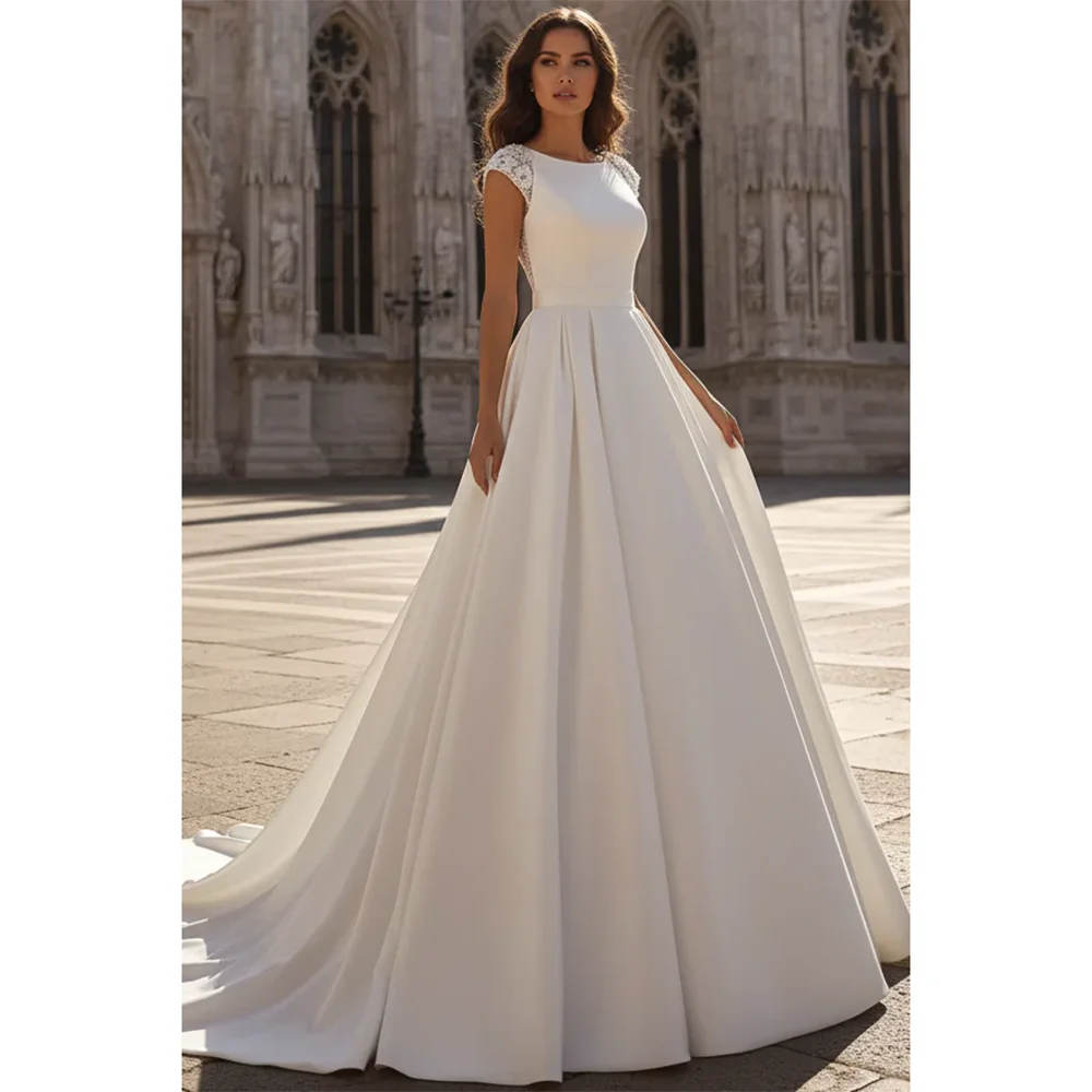 Customized Elegant Satin Wedding Dress Scoop-Neck Cap-Sleeves Jacquard Beaded Pleated Floor-Length A-Line Bridal Gown
Customized Elegant Satin Wedding Dress Scoop-Neck Cap-Sleeves Jacquard Beaded Pleated Floor-Length A-Line Bridal Gown