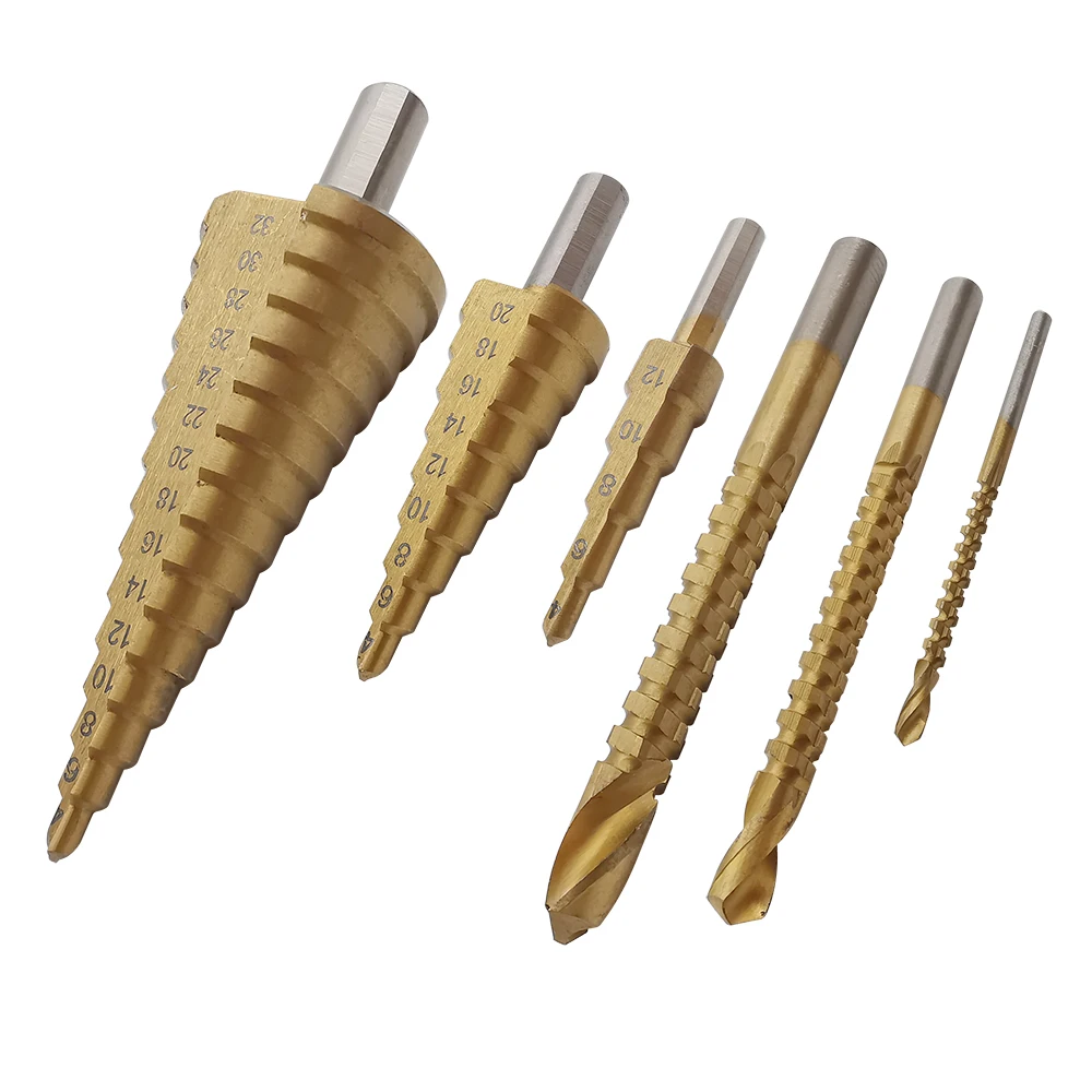 6Pcs HSS Steel Titanium Step Drill Bit Sets 4-12/20/32mm Metal Stepped Hole Opener Woodworking Tools Twist Serrated Drill Bits
6Pcs HSS Steel Titanium Step Drill Bit Sets 4-12/20/32mm Metal Stepped Hole Opener Woodworking Tools Twist Serrated Drill Bits