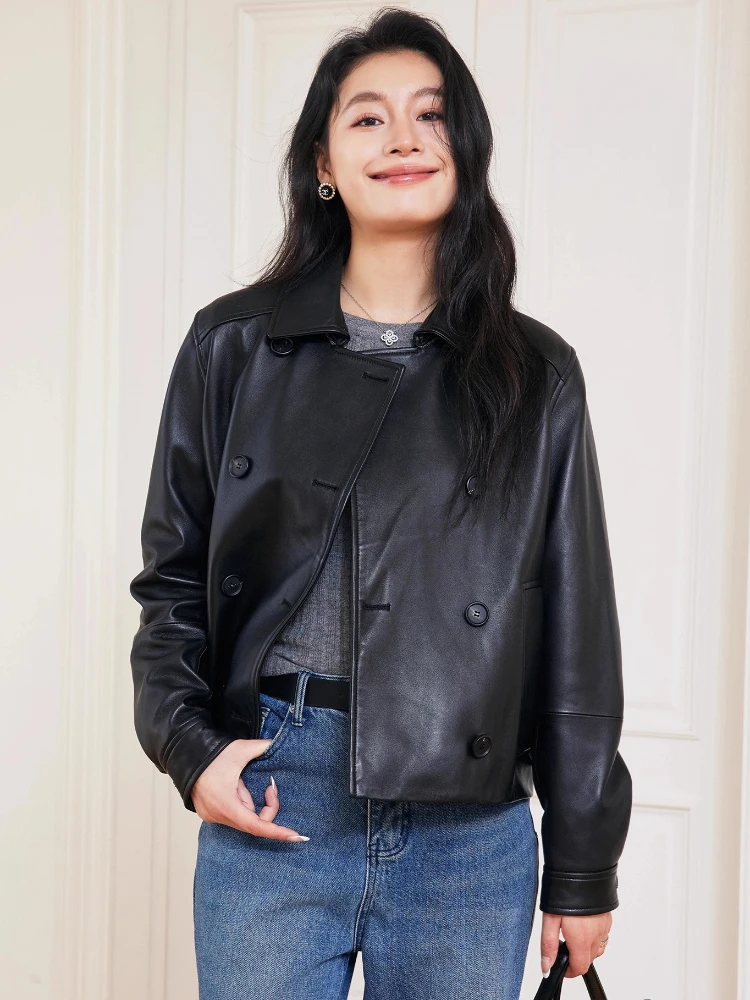 Casual Short Genuine Leather Jackets for Women Spring Autumn Simple Vintage Double Breasted Slim Soft Black Real Sheepskin Coat
Casual Short Genuine Leather Jackets for Women Spring Autumn Simple Vintage Double Breasted Slim Soft Black Real Sheepskin Coat