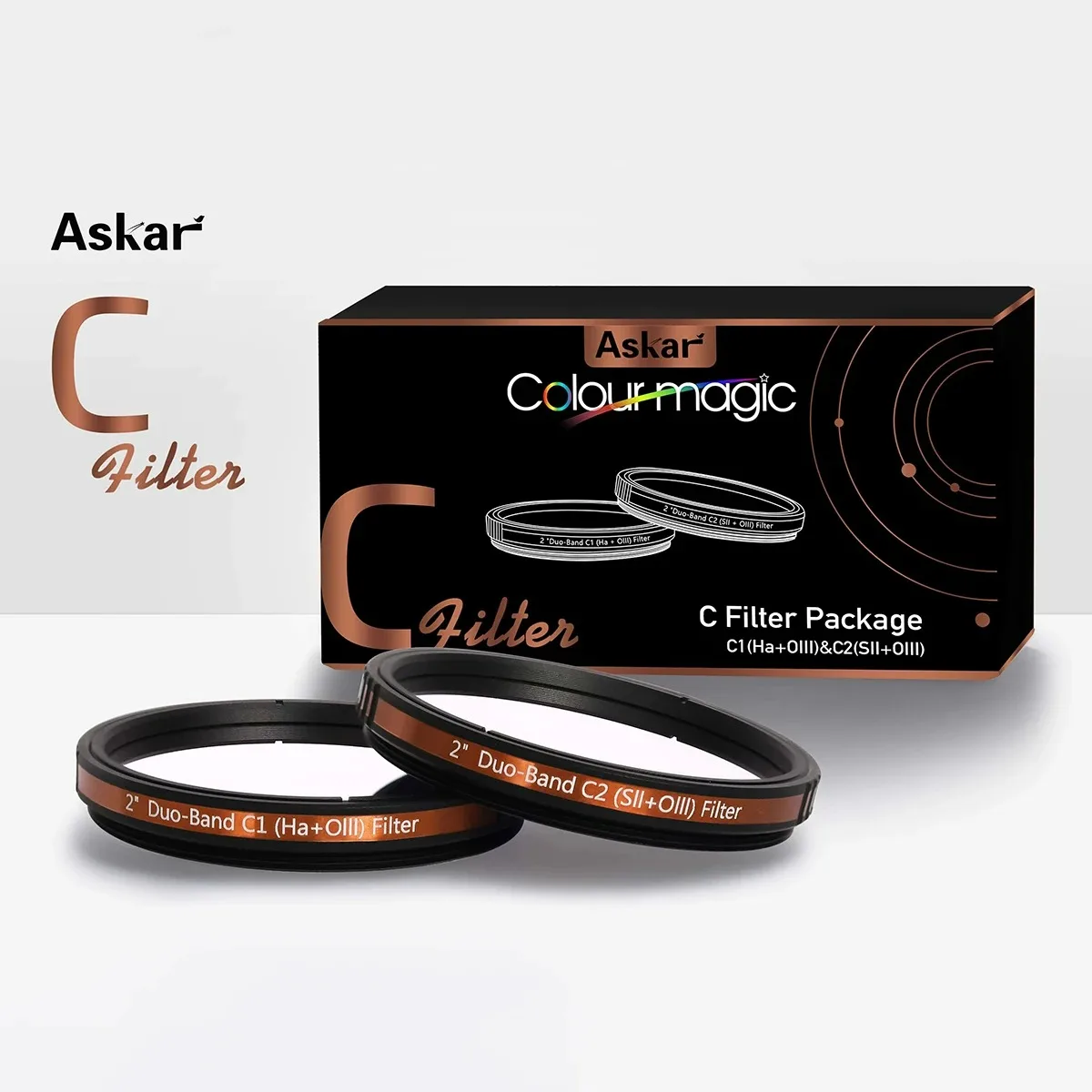 Askar Color Magic C Duo-band H-a/O-III & S-II/O-III Imaging Filter Set ( C1 & C2) - 2" Mounted
Askar Color Magic C Duo-band H-a/O-III & S-II/O-III Imaging Filter Set ( C1 & C2) - 2" Mounted