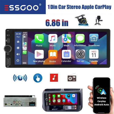 ESSGOO 1Din IPS 6.86 Inch Wireless Carplay Android Auto Car Radio Multimedia Video MP5 Player Touch Screen Universal Stere
