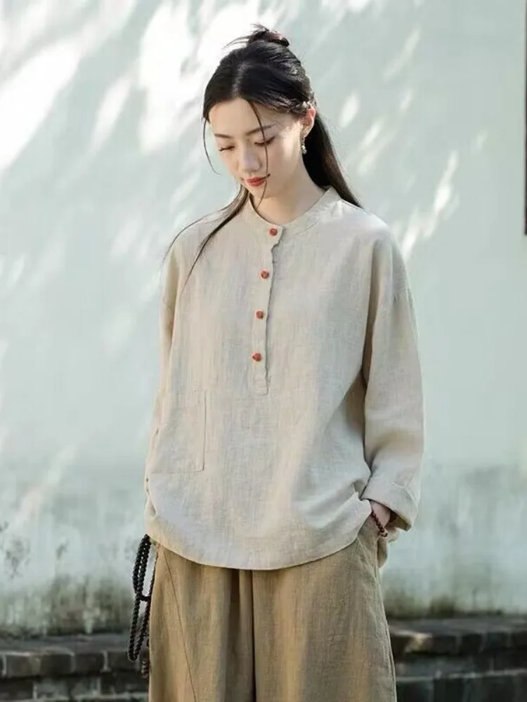Chic Zen Style Pure Color Cotton Linen Long Sleeve Shirt Stand Collar Button up Chinese National Fashion Loose Fit Women's Shirt
Chic Zen Style Pure Color Cotton Linen Long Sleeve Shirt Stand Collar Button up Chinese National Fashion Loose Fit Women's Shirt
