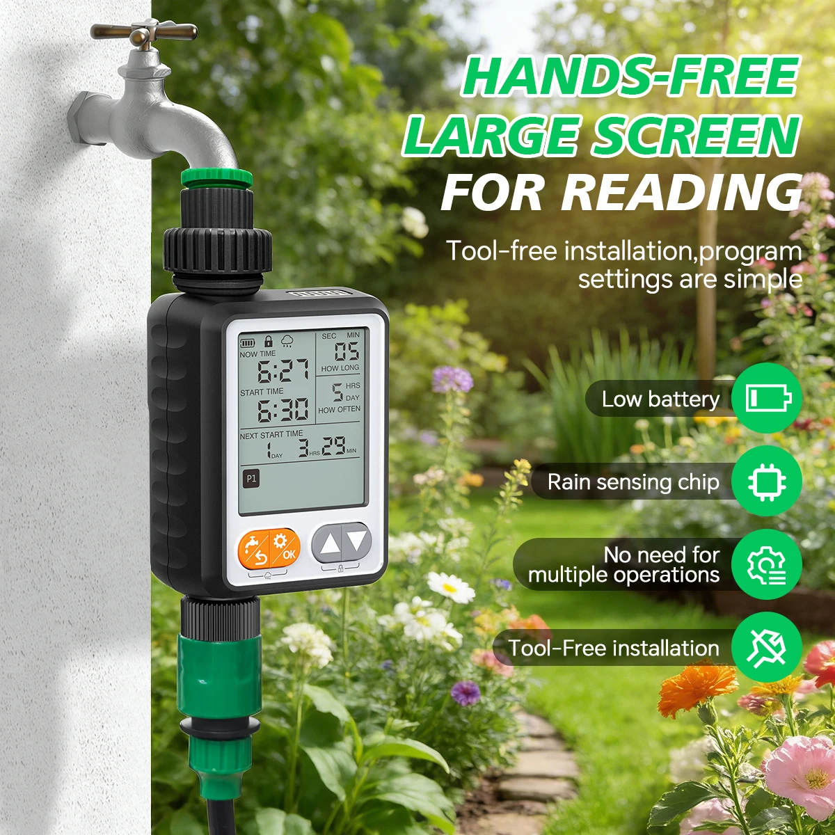 Automatic Water Timer Intelligent Irrigation Watering System Sprinkler Timer for Garden Flowers Equipment LCD Display(G thread)
Automatic Water Timer Intelligent Irrigation Watering System Sprinkler Timer for Garden Flowers Equipment LCD Display(G thread)