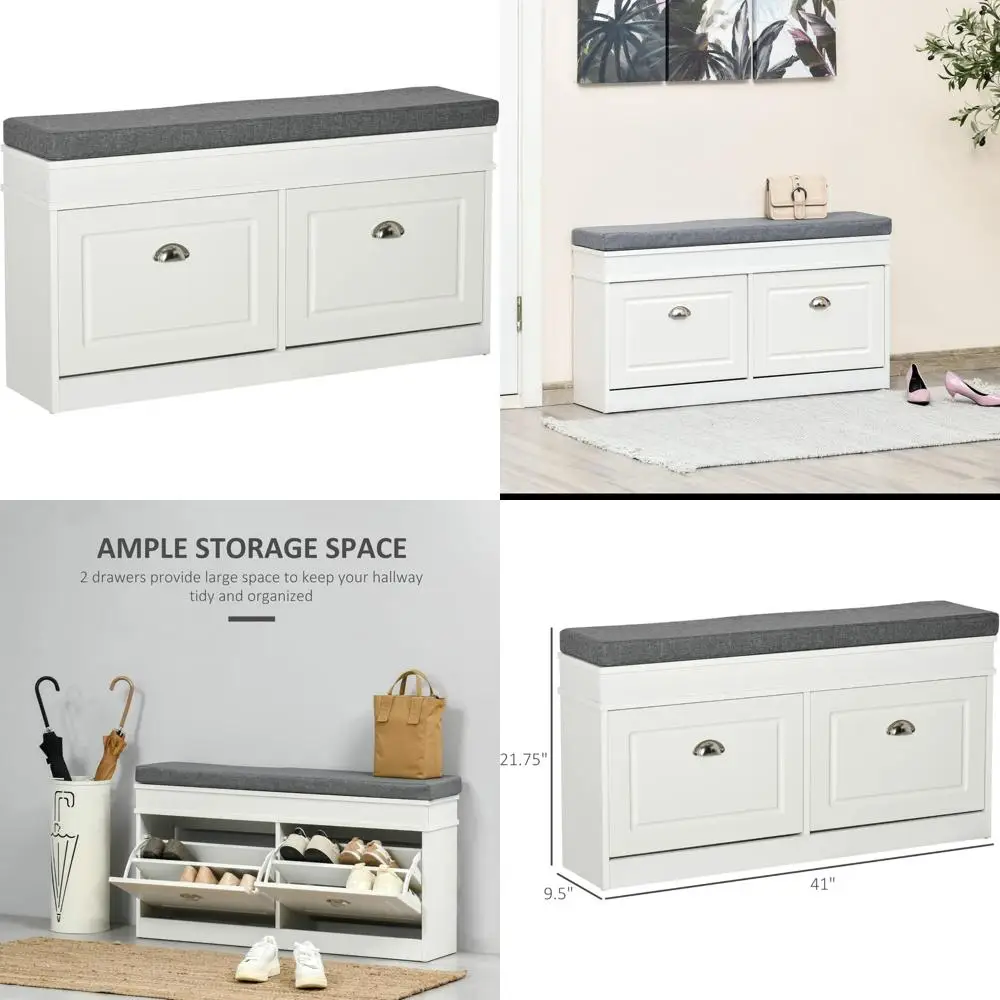 white entryway shoe storage bench with cushion, 2 drawers, adjustable shelf, holds 8 pairs
white entryway shoe storage bench with cushion, 2 drawers, adjustable shelf, holds 8 pairs