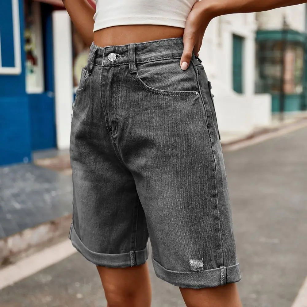Washable Cuffed Jeans Stylish Mid-waisted Denim Shorts for Women Knee-length Distressed Jeans with Pockets Summer Fashion Women
Washable Cuffed Jeans Stylish Mid-waisted Denim Shorts for Women Knee-length Distressed Jeans with Pockets Summer Fashion Women