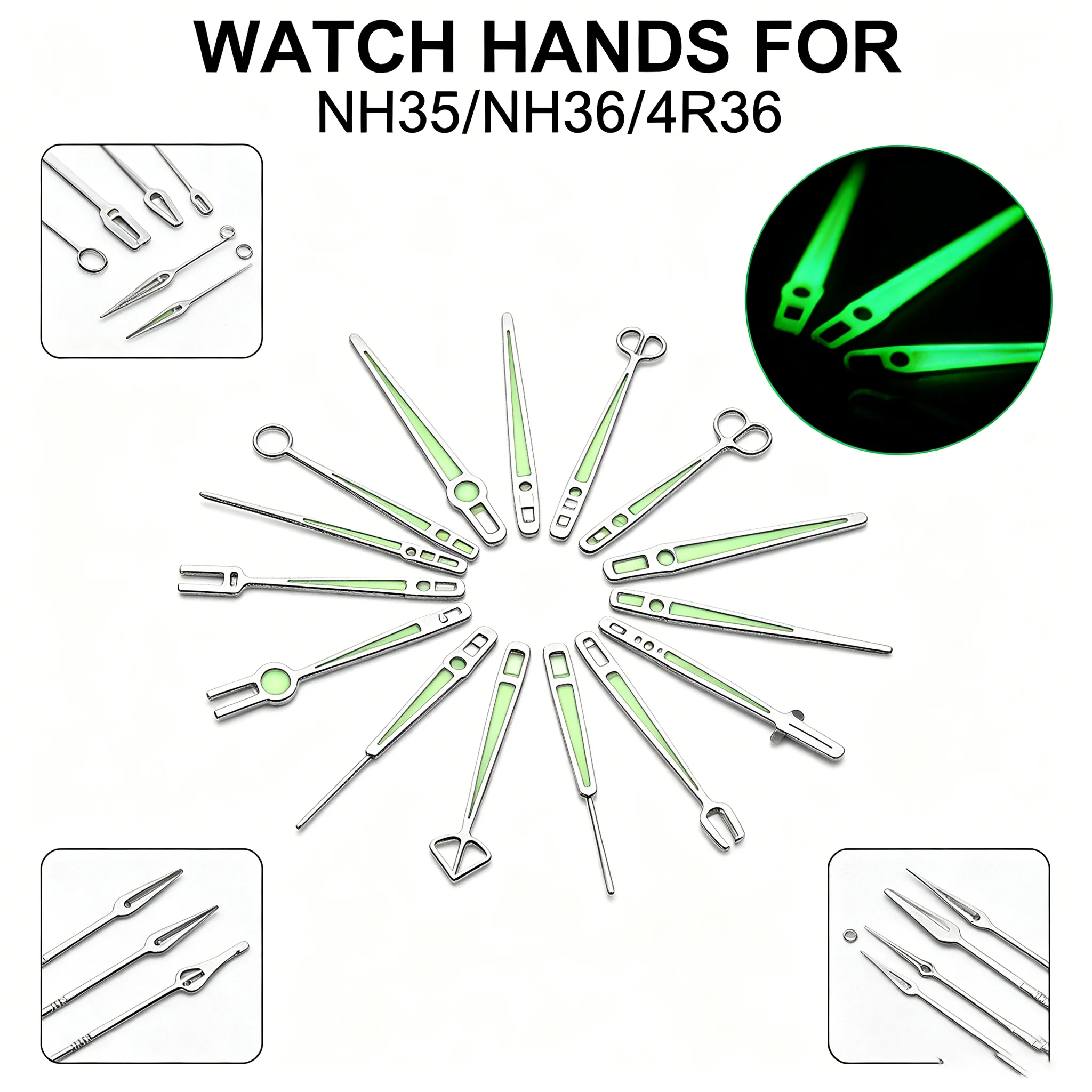 Multiple styles of NH35 type ultra-bright green luminous watch hands are suitable for NH35, NH36, and 4R36 movements.
Multiple styles of NH35 type ultra-bright green luminous watch hands are suitable for NH35, NH36, and 4R36 movements.