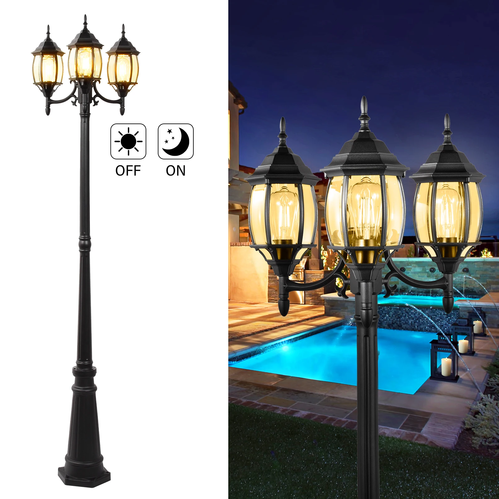 85" Outdoor Lamp Post Light | 3-Head | Dusk To Dawn Outdoor Post Light Waterproof Lighting with 3 LED Bulbs, Max.100W | for Garden Yard Patio Lawn Pathway
85" Outdoor Lamp Post Light | 3-Head | Dusk To Dawn Outdoor Post Light Waterproof Lighting with 3 LED Bulbs, Max.100W | for Garden Yard Patio Lawn Pathway