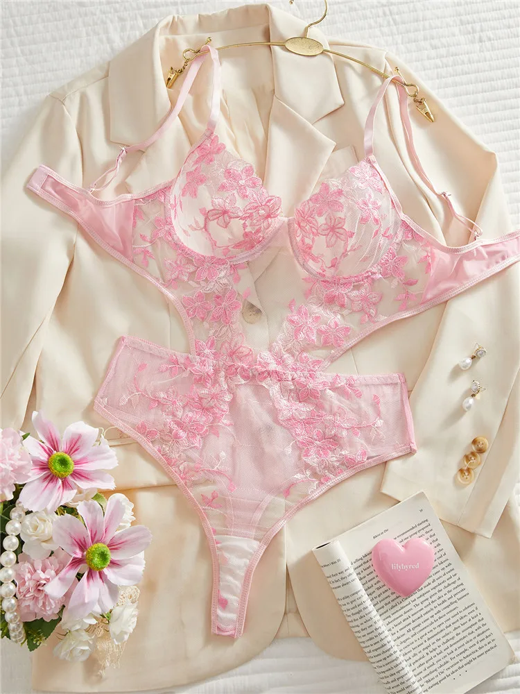 Sexy Lingerie Set Bodysuit One Piece Pink Bra Embroidery Flowers Romantic Lace Underwear Transparent See Through Bra Brief Sets
Sexy Lingerie Set Bodysuit One Piece Pink Bra Embroidery Flowers Romantic Lace Underwear Transparent See Through Bra Brief Sets