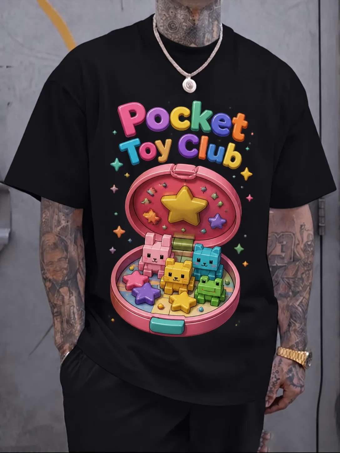 Pocket Toy Club Kawaii Graphic Tee with Colorful Toy Case Design, Cute Pixel Animals and Star Charms on Black Printed Tee, Pastel
Pocket Toy Club Kawaii Graphic Tee with Colorful Toy Case Design, Cute Pixel Animals and Star Charms on Black Printed Tee, Pastel
