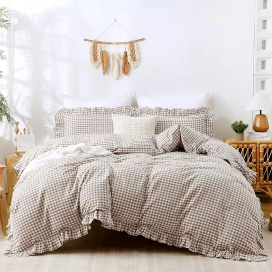 Gingham Duvet Cover Bedding Set 100% Washed Cotton Like Linen Feel Soft Breathable 3 Pcs Brown Plaid Checkered Cute Ruffle Comf
Gingham Duvet Cover Bedding Set 100% Washed Cotton Like Linen Feel Soft Breathable 3 Pcs Brown Plaid Checkered Cute Ruffle Comf