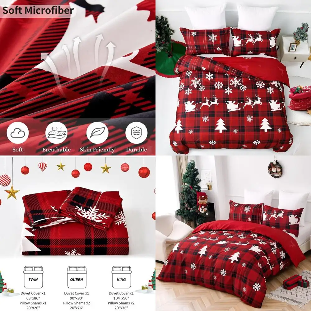 King Size Christmas Duvet Cover Set - 3 Piece Red Buffalo Plaid with Santa, Reindeer & Snowflakes - Soft Microfiber Checkered Be
King Size Christmas Duvet Cover Set - 3 Piece Red Buffalo Plaid with Santa, Reindeer & Snowflakes - Soft Microfiber Checkered Be