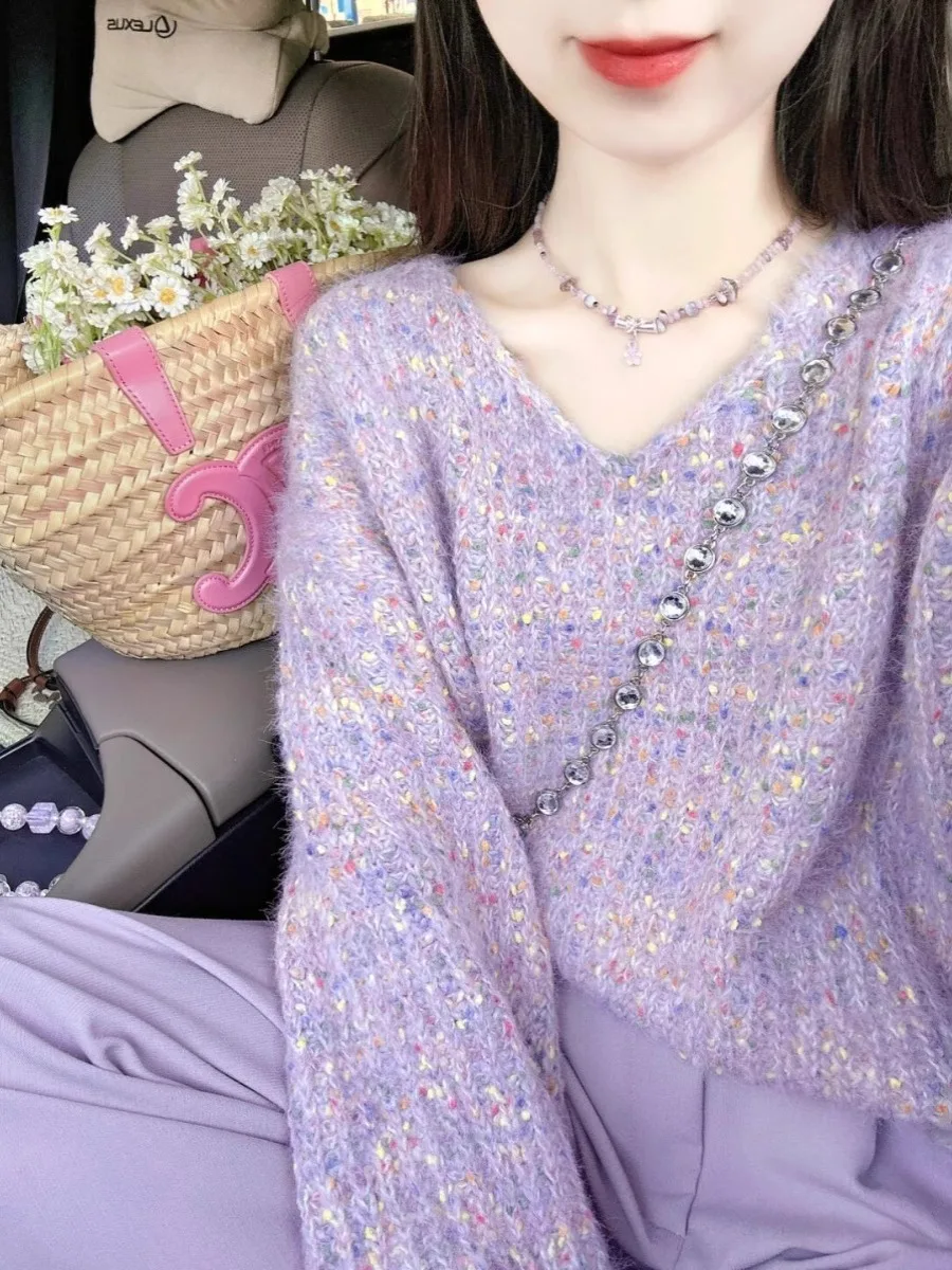 Dopamine Purple V-Neck Rabbit Fur Short Thickened Wool Knitted Sweater Women Autumn Winter Outerwear Sweet Style Regular Length
Dopamine Purple V-Neck Rabbit Fur Short Thickened Wool Knitted Sweater Women Autumn Winter Outerwear Sweet Style Regular Length
