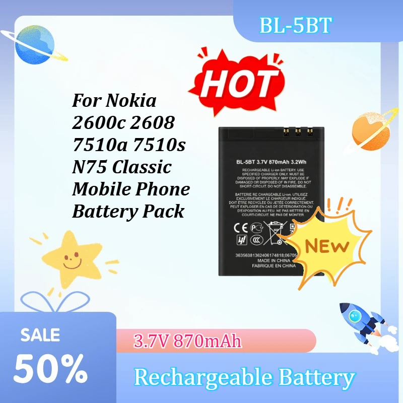 3.7V 870mAh BL-5BT Replacement Li-ion Battery for Nokia 2600c 2608 7510a 7510s N75 Classic Mobile Phone Battery Pack + Tools
3.7V 870mAh BL-5BT Replacement Li-ion Battery for Nokia 2600c 2608 7510a 7510s N75 Classic Mobile Phone Battery Pack + Tools