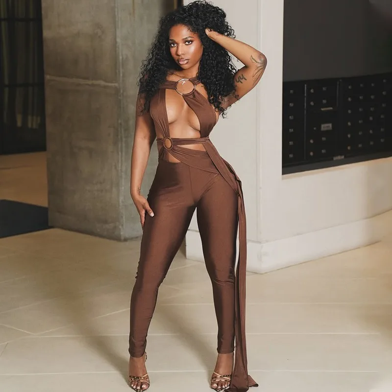 Women’s Halter Sleeveless Hollow-out Metal Ring Bandage Backless Low-Waist Asymmetrical Jumpsuits, Solid Color, Sexy
Women’s Halter Sleeveless Hollow-out Metal Ring Bandage Backless Low-Waist Asymmetrical Jumpsuits, Solid Color, Sexy