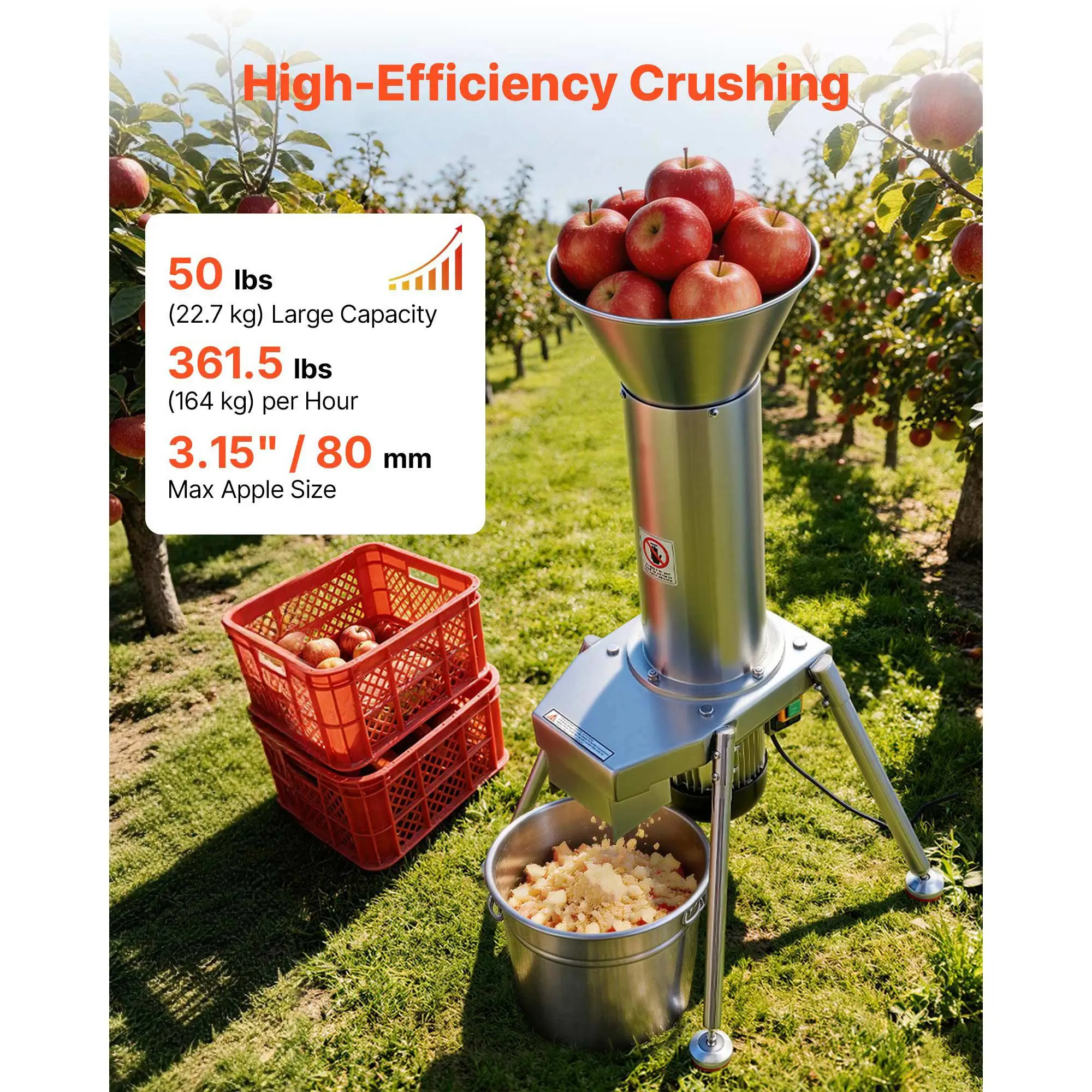 1100W Electric Fruit Apple Crusher, SUS304 Freestanding Crushing Machine, Grinds Whole Apples Up to 3.15" Dia, 164 KG/H Capacity, Cider Press for Apples, Pears, Pineapple, Guava, Carrot, Potato
1100W Electric Fruit Apple Crusher, SUS304 Freestanding Crushing Machine, Grinds Whole Apples Up to 3.15" Dia, 164 KG/H Capacity, Cider Press for Apples, Pears, Pineapple, Guava, Carrot, Potato