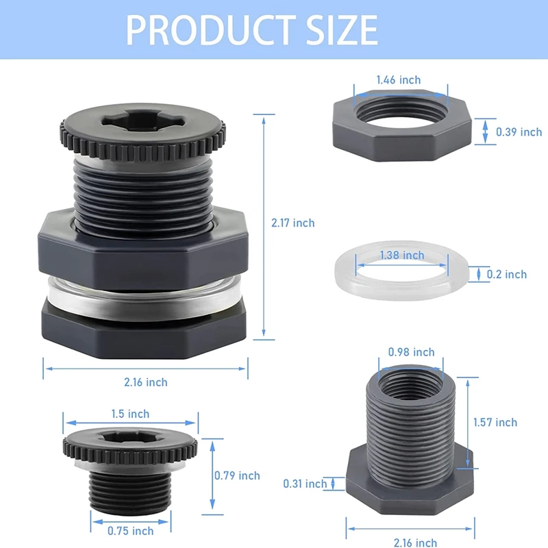 Bulkhead Fitting 3/4 Inch, 5 Pcs PVC Double Threaded Water Tank Connector For Rain Barrels, Tubs, Pools
Bulkhead Fitting 3/4 Inch, 5 Pcs PVC Double Threaded Water Tank Connector For Rain Barrels, Tubs, Pools
