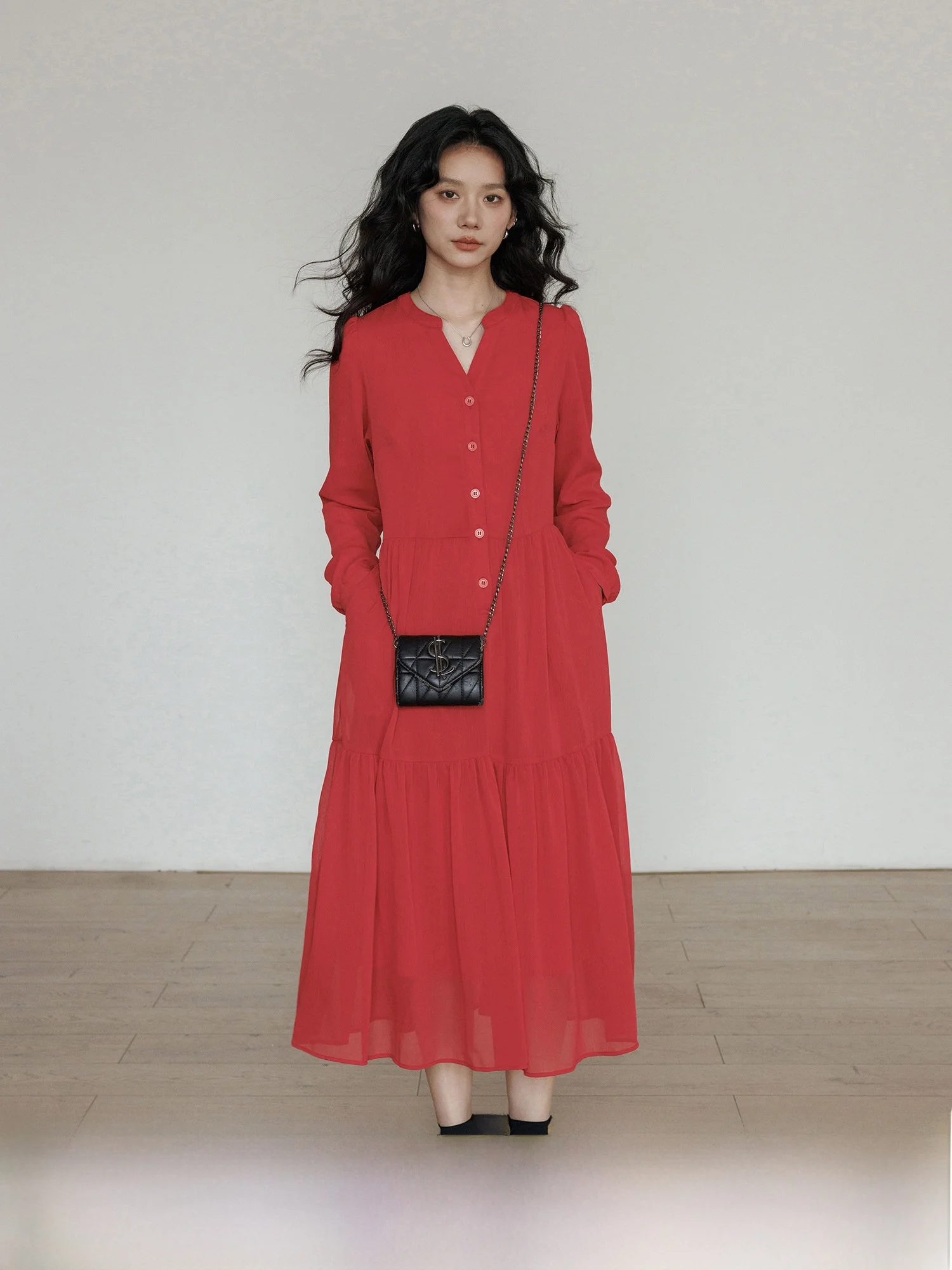 Spring V-Neck Long Sleeve Red Waist-Cinching Shirt Dress Women's Casual High Waist A-Line Skirt Polyester Fiber Single Button
Spring V-Neck Long Sleeve Red Waist-Cinching Shirt Dress Women's Casual High Waist A-Line Skirt Polyester Fiber Single Button