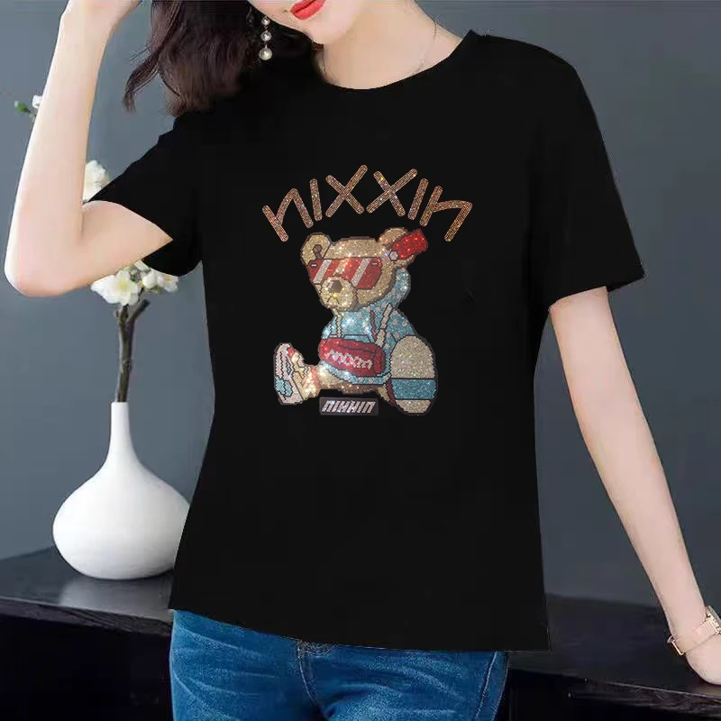 Women's summer short sleeve Ice silk cotton casual T-shirt with shiny rhinestone bear design
Women's summer short sleeve Ice silk cotton casual T-shirt with shiny rhinestone bear design